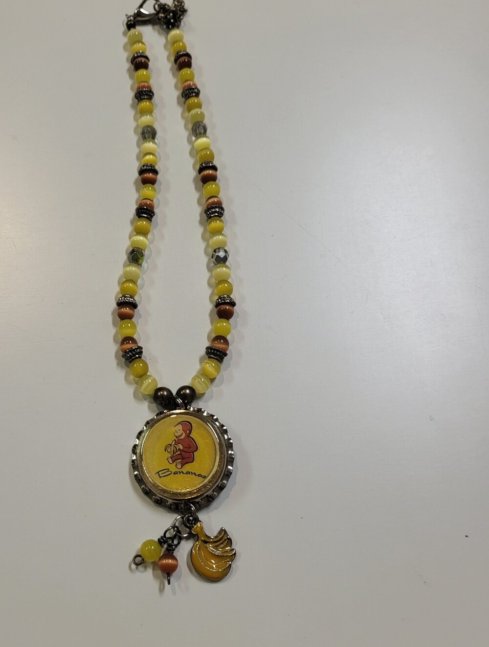 Handmade Curious George Bottle Cap Beaded Necklace With Beads & Bananas Charms
